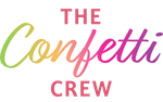 The logo for the confetti crew is a rainbow colored logo on a white background.