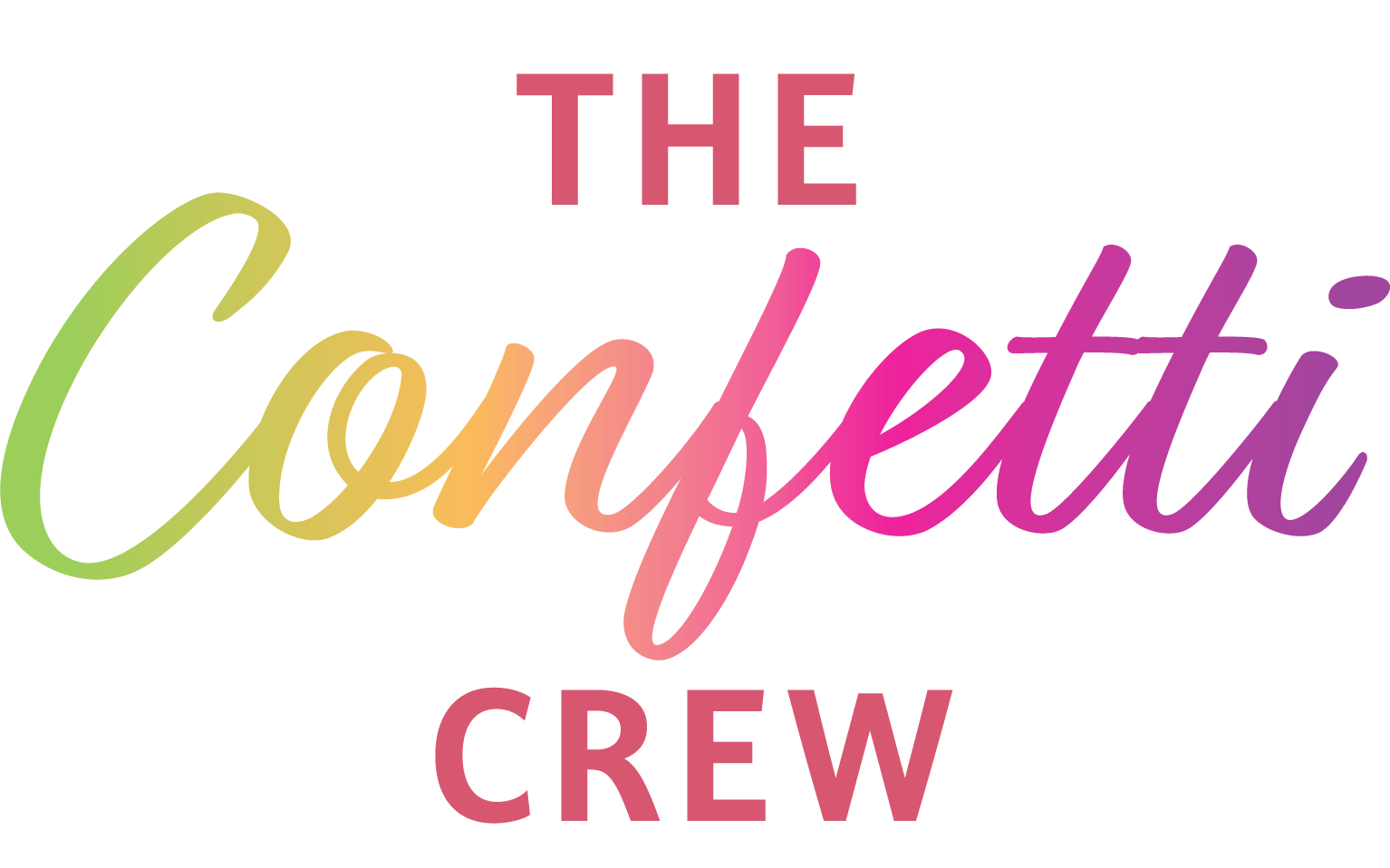 The logo for the confetti crew is a rainbow colored logo on a white background.