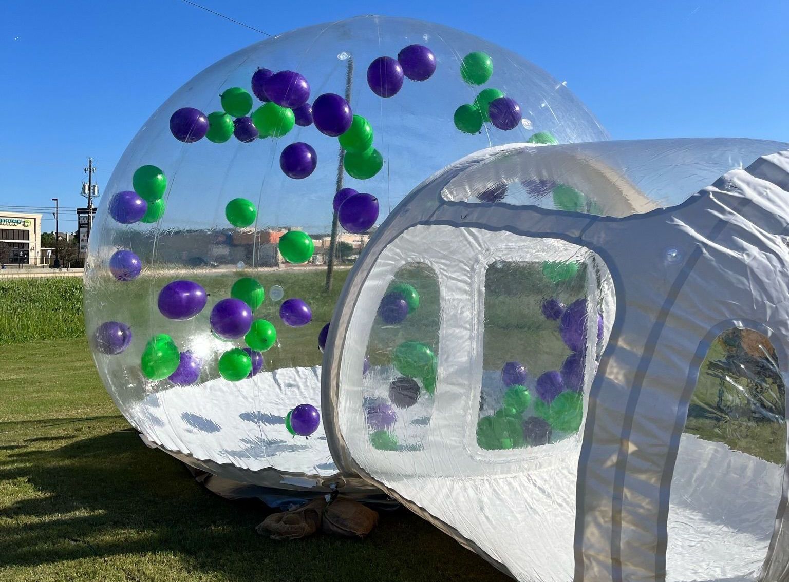 A person is standing next to a large inflatable ball filled with green and purple balloons.