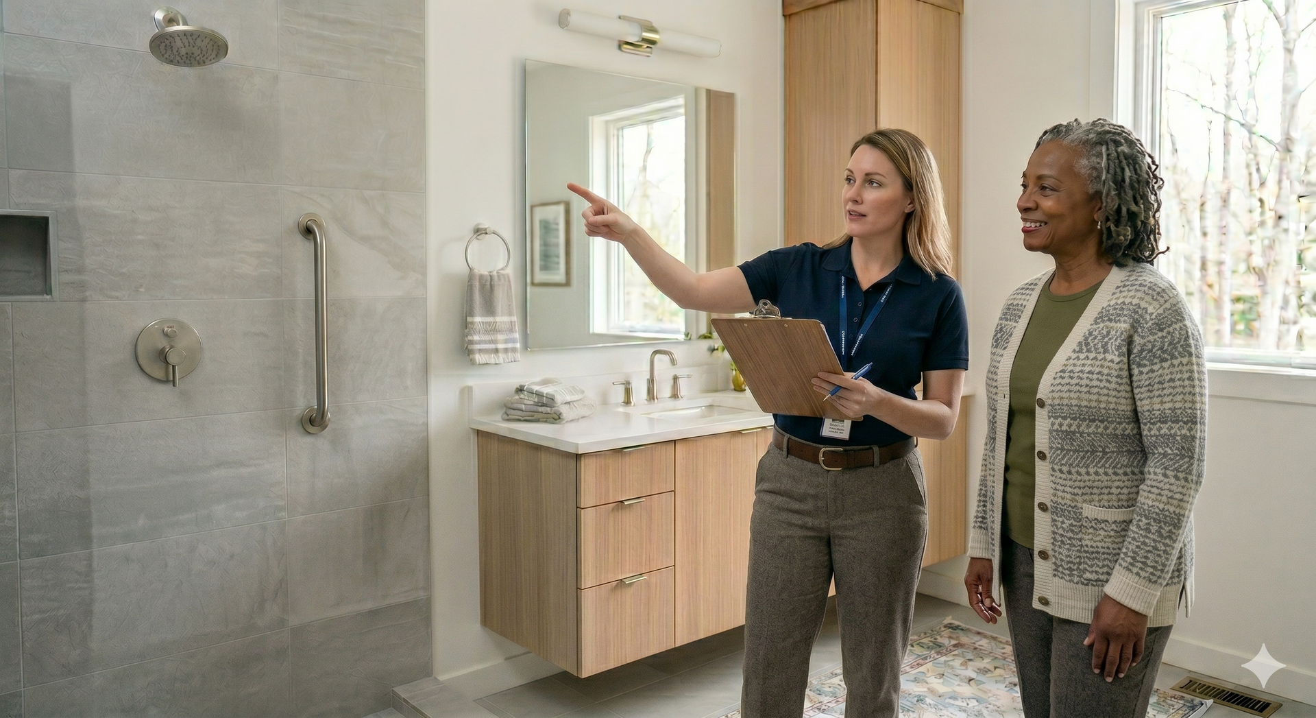 Two people viewing a bathroom