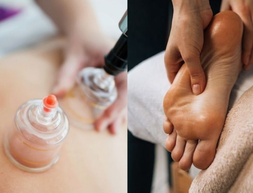 Cuppingtherapie op de rug van een persoon, naast een close-up voetmassage op een handdoek.