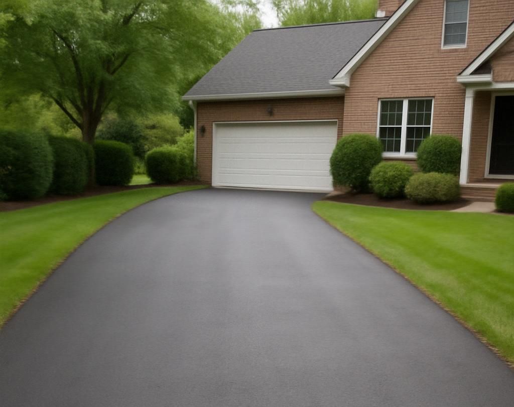 A driveway leading to a brick house with a white garage door