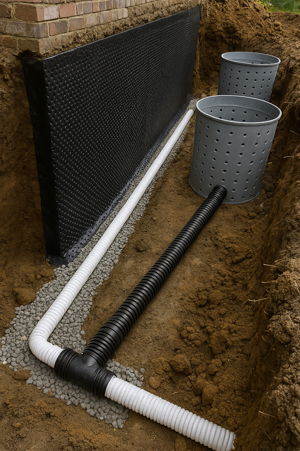 A drainage system is being installed in a basement.