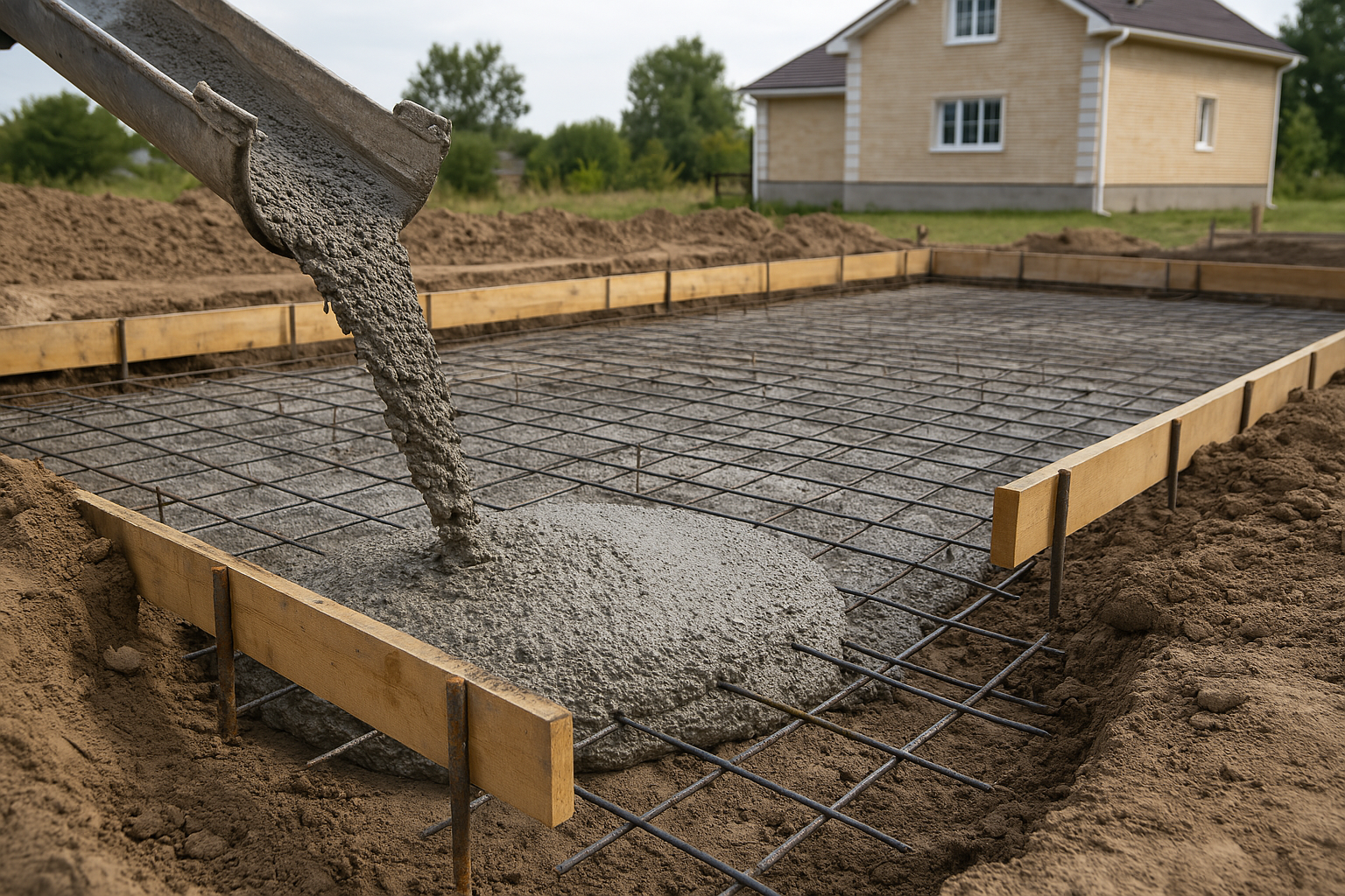 Concrete is being poured into a foundation for a house.