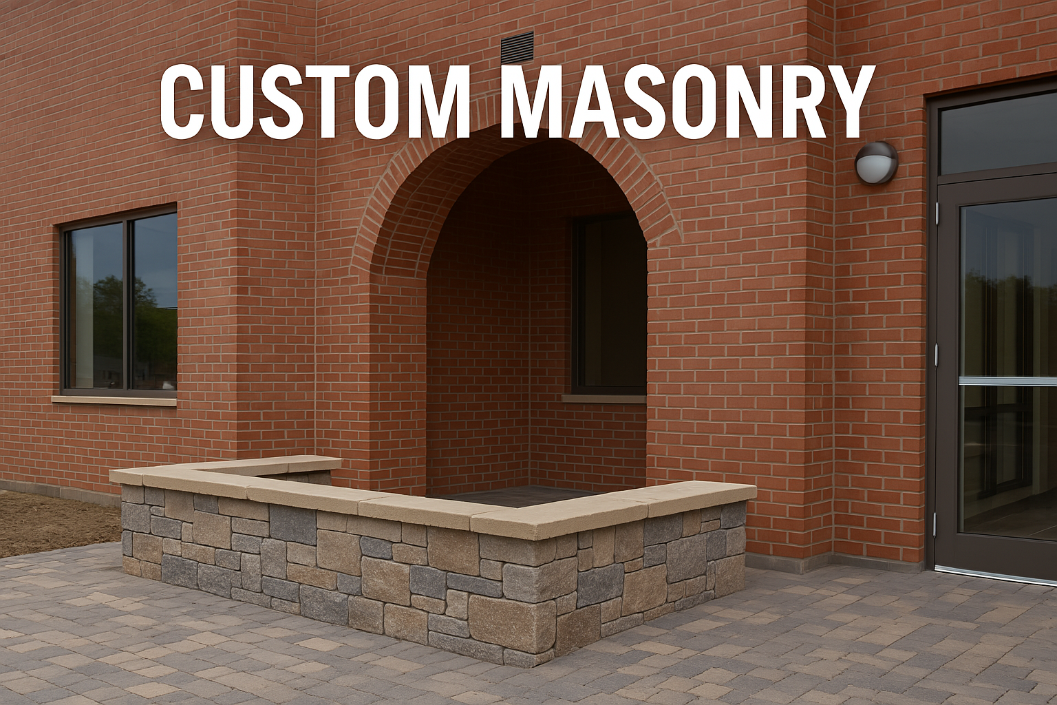 A picture of a brick building with the words custom masonry above it