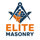 The logo for elite masonry has a masonic symbol on it.