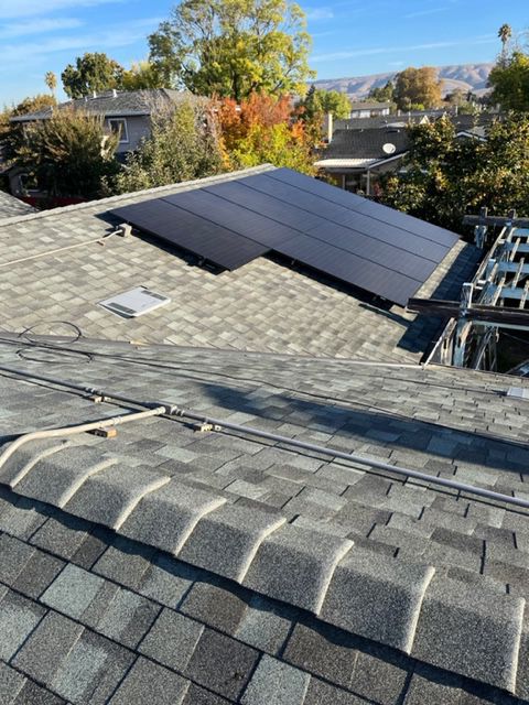 Solar panels on a gray shingled roof, trees and houses in the background on a sunny day.