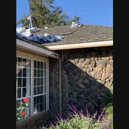 Person on a roof replacing shingles, house has stone and siding, window with roses below.