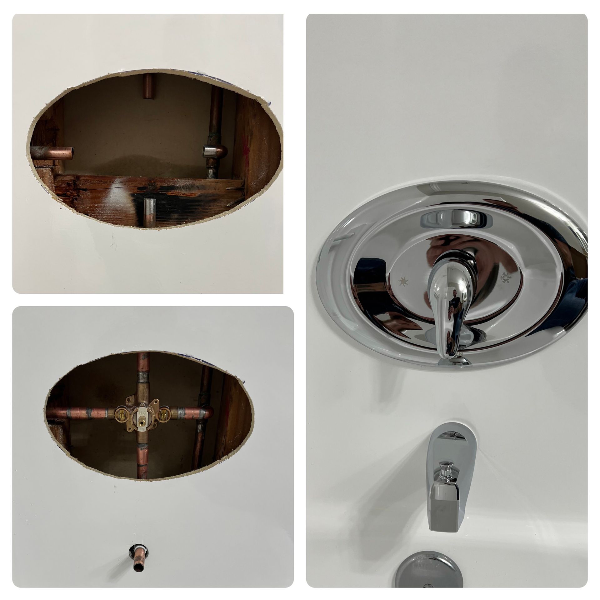 a picture of a hole in a wall and a picture of a faucet