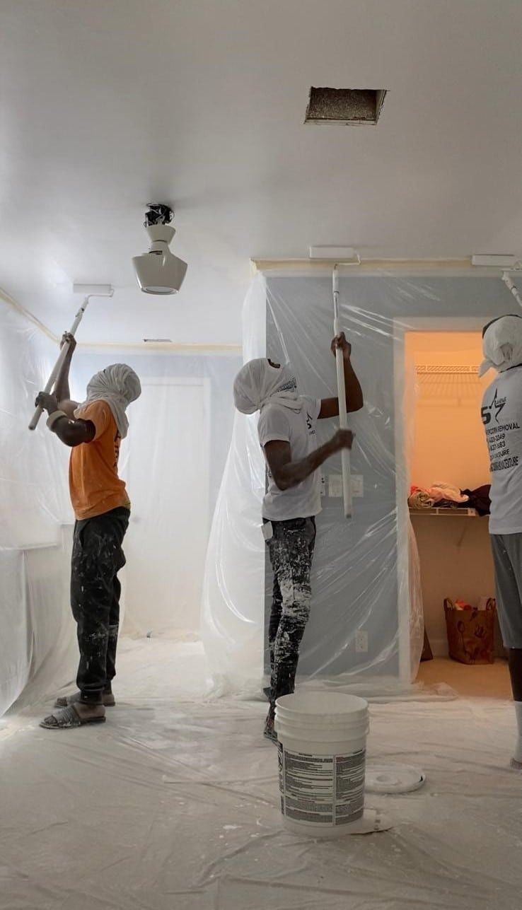 Two workers painting a white room, one on a ladder and one rolling paint near a doorway.