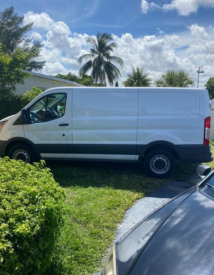 White cargo van parked on grass beside a driveway, with palm trees and blue sky in the background.