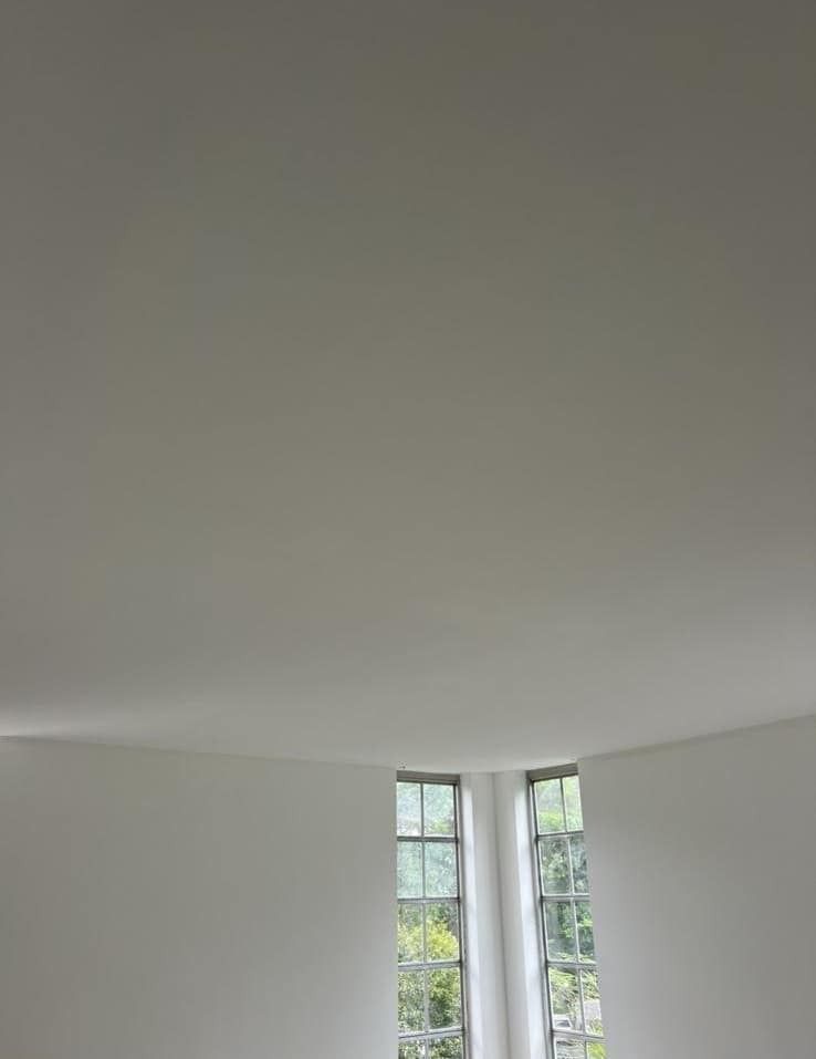 Empty white room with a curved ceiling and corner windows showing trees outside