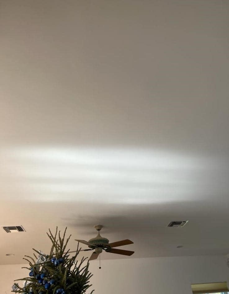 Living room ceiling with bright sunlight on white paint, ceiling fan, and plant below
