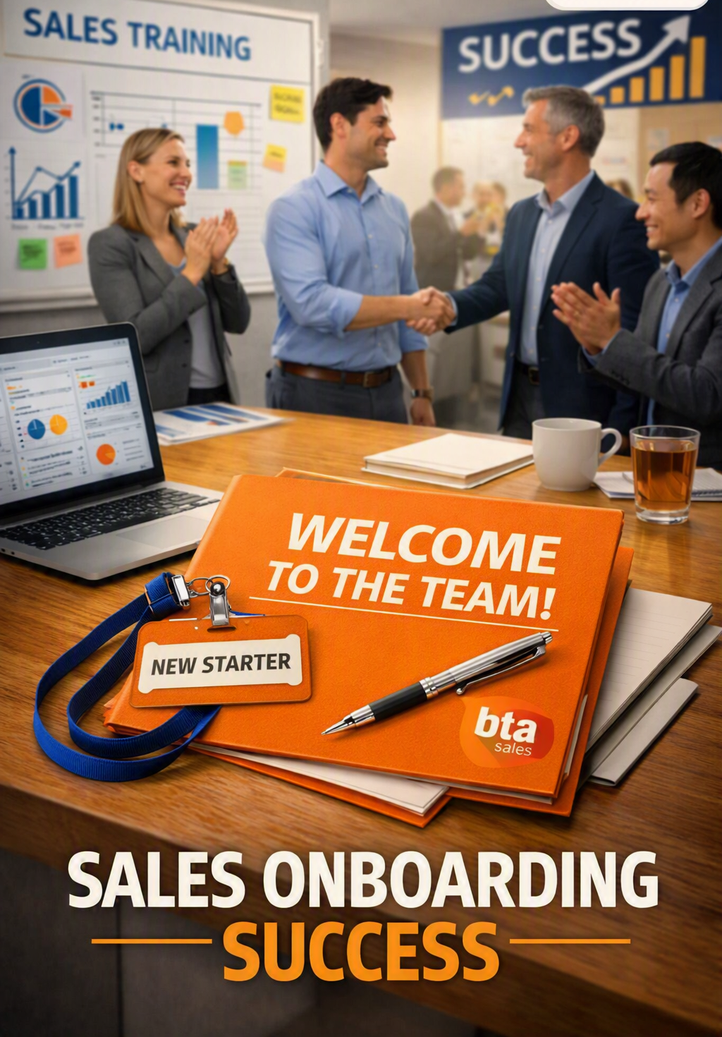 Sales onboarding scene with a new starter shaking hands with a manager, colleagues clapping.