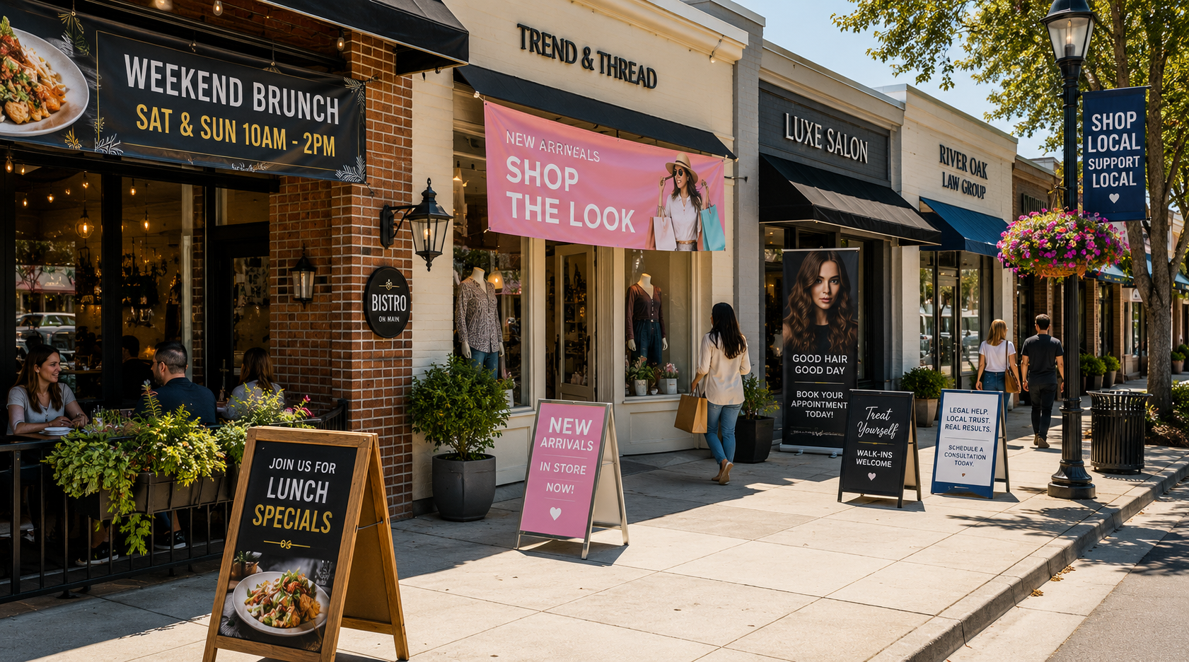 Local businesses using professionally designed banners and A-frame signs.