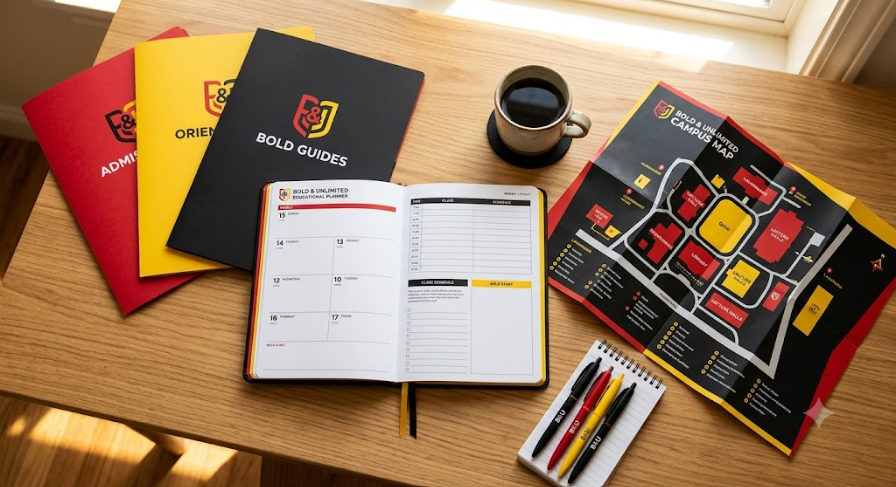 Flat-lay arrangement of a student planner, stacked red, yellow, and black folders, and the fo