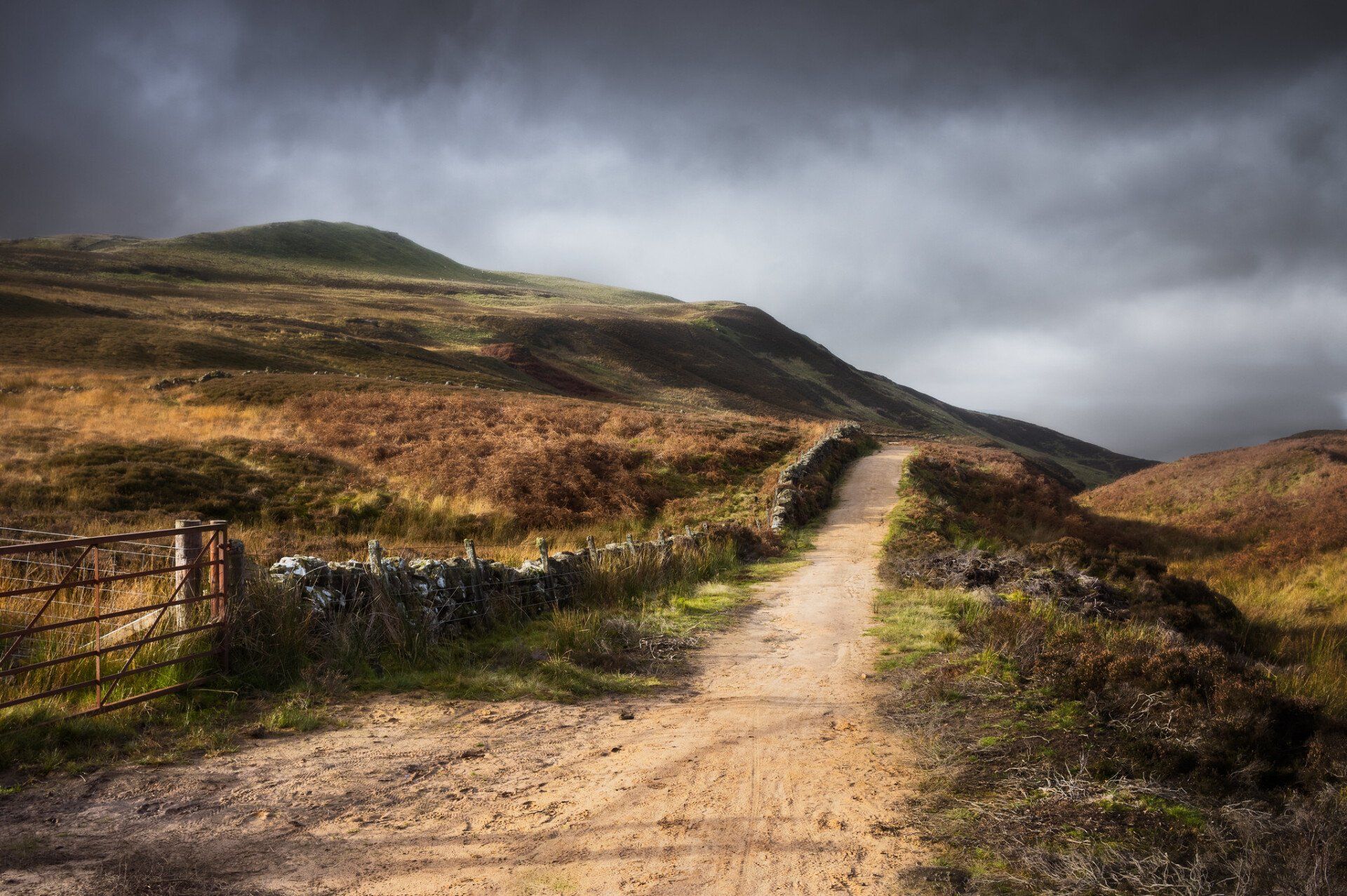 A dirt road with a stone wall on the side of it
