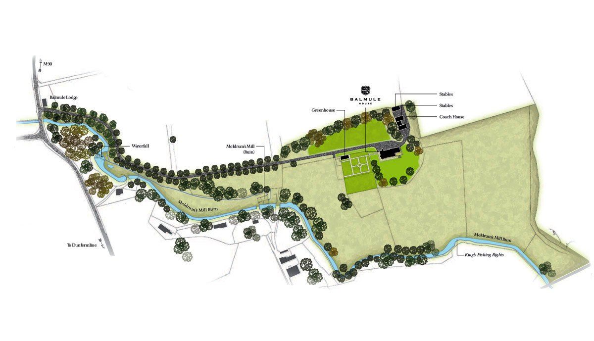 A drawing of a field with trees and a river