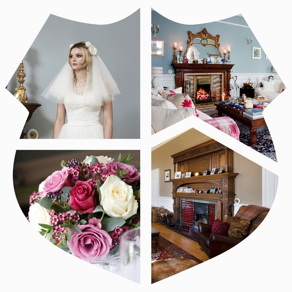 A collage of four pictures shows a bride a bouquet of flowers and a fireplace