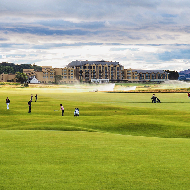 A group of people playing golf with a large building in the background