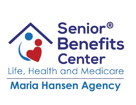 Senior Benefits Center logo with house and heart icon, Life, Health and Medicare, Maria Hansen Agency