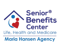 Senior Benefits Center logo with house and heart icon, Life, Health and Medicare, Maria Hansen Agency