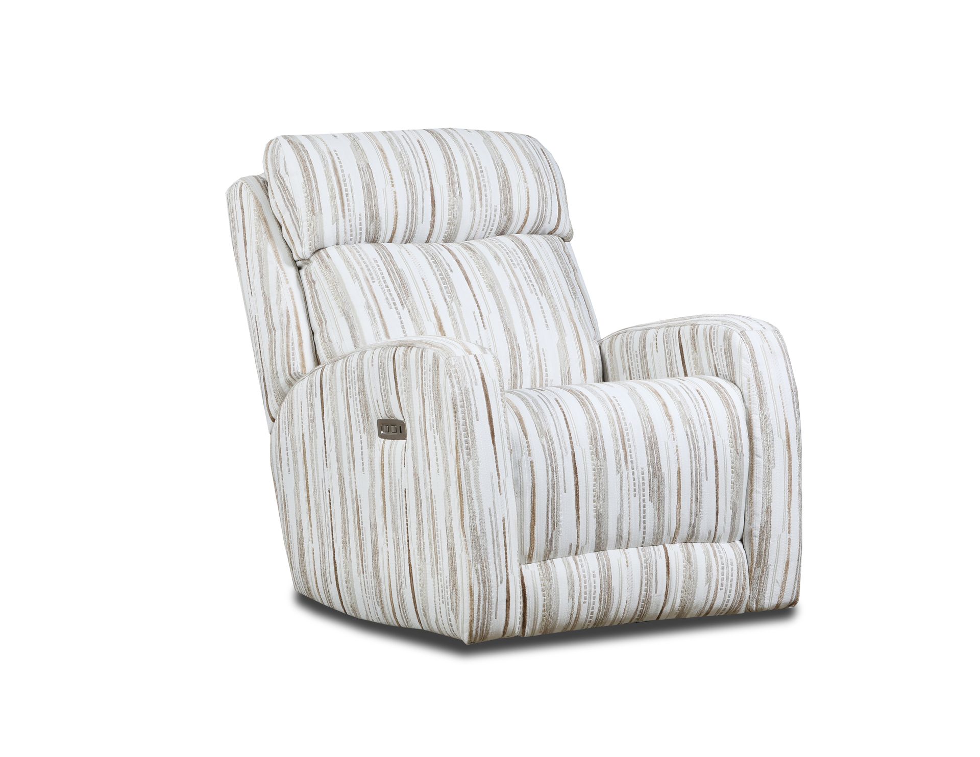 A plush, off-white recliner with vertical tan-striped fabric, shown against a plain white background.