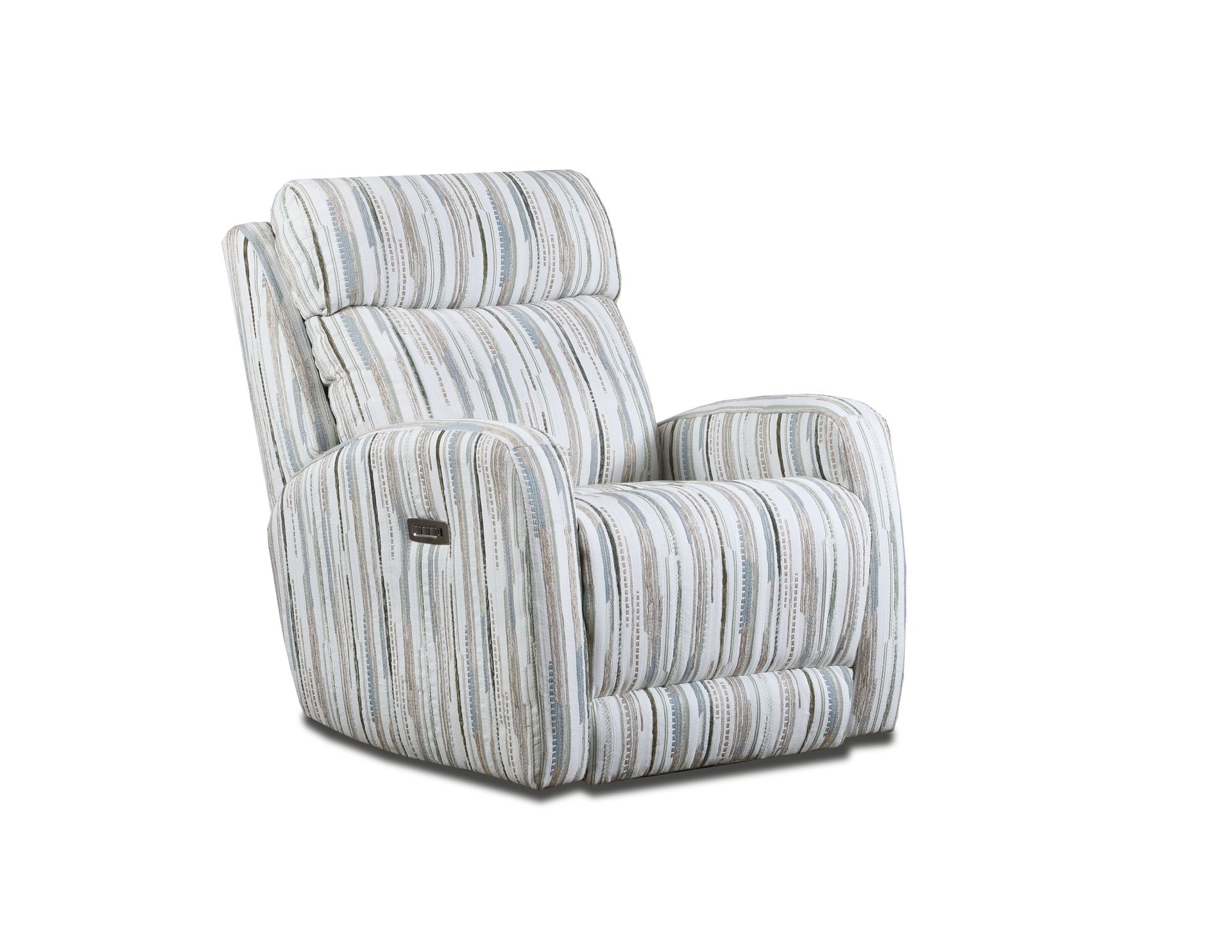 A patterned beige, white, and grey striped recliner chair with a power control button on the armrest.