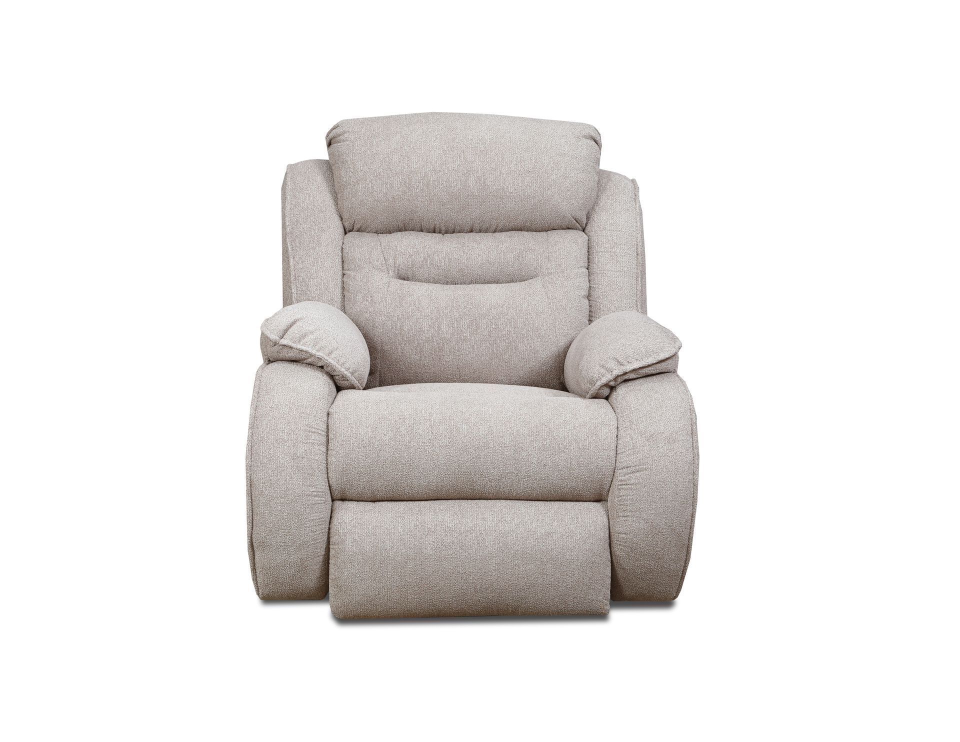 A light beige, plush recliner chair with a textured fabric finish, shown from a front-facing perspective.