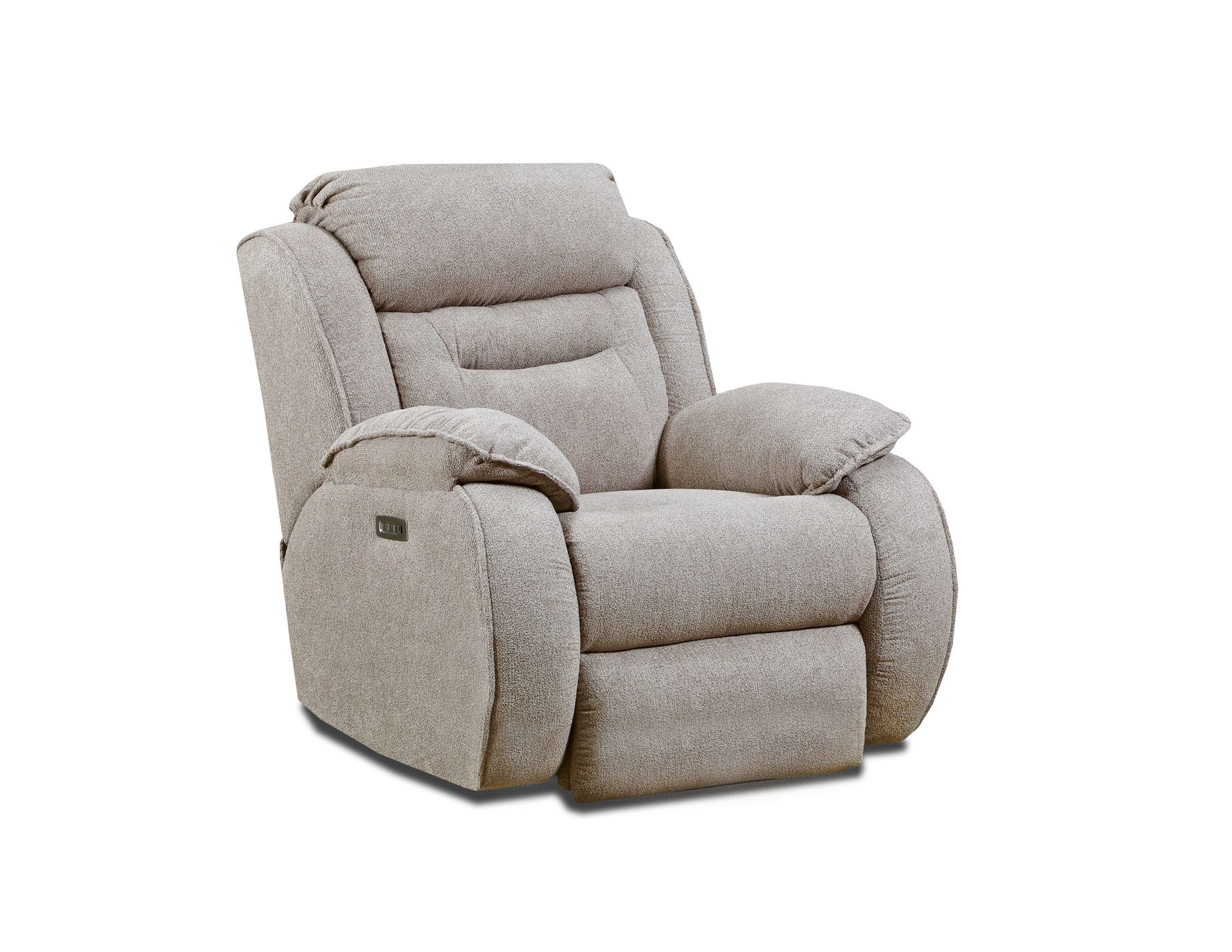 A light beige, plush fabric recliner chair shown from a front-quarter angle against a white background.