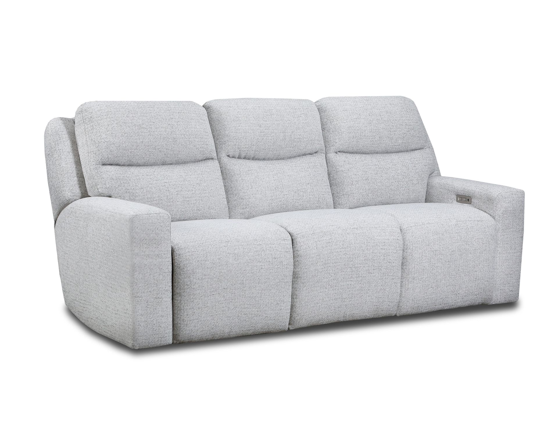 A light gray, three-seat reclining sofa with textured fabric and plush, segmented back cushions.
