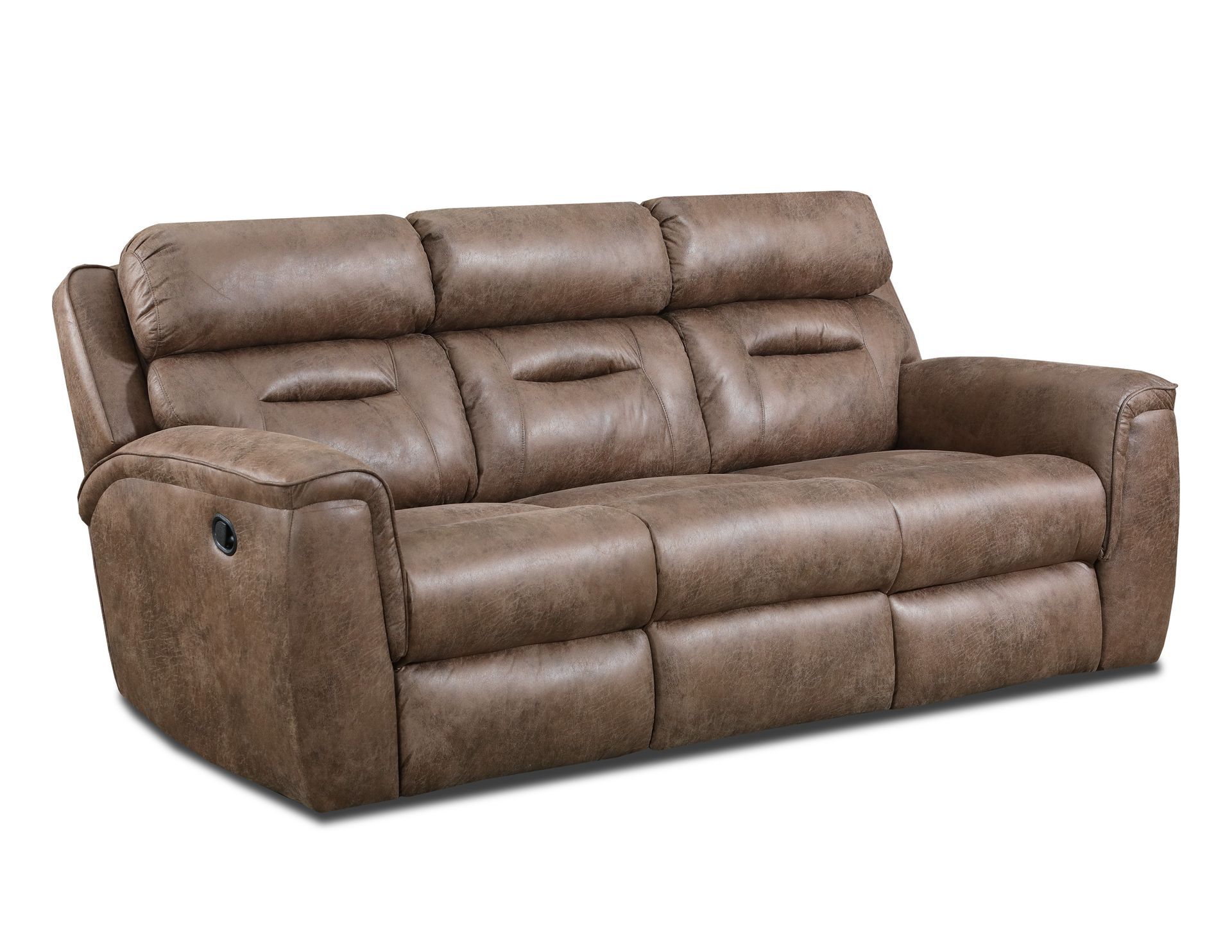 A brown, three-seat reclining sofa with tufted back cushions, shown against a white background.