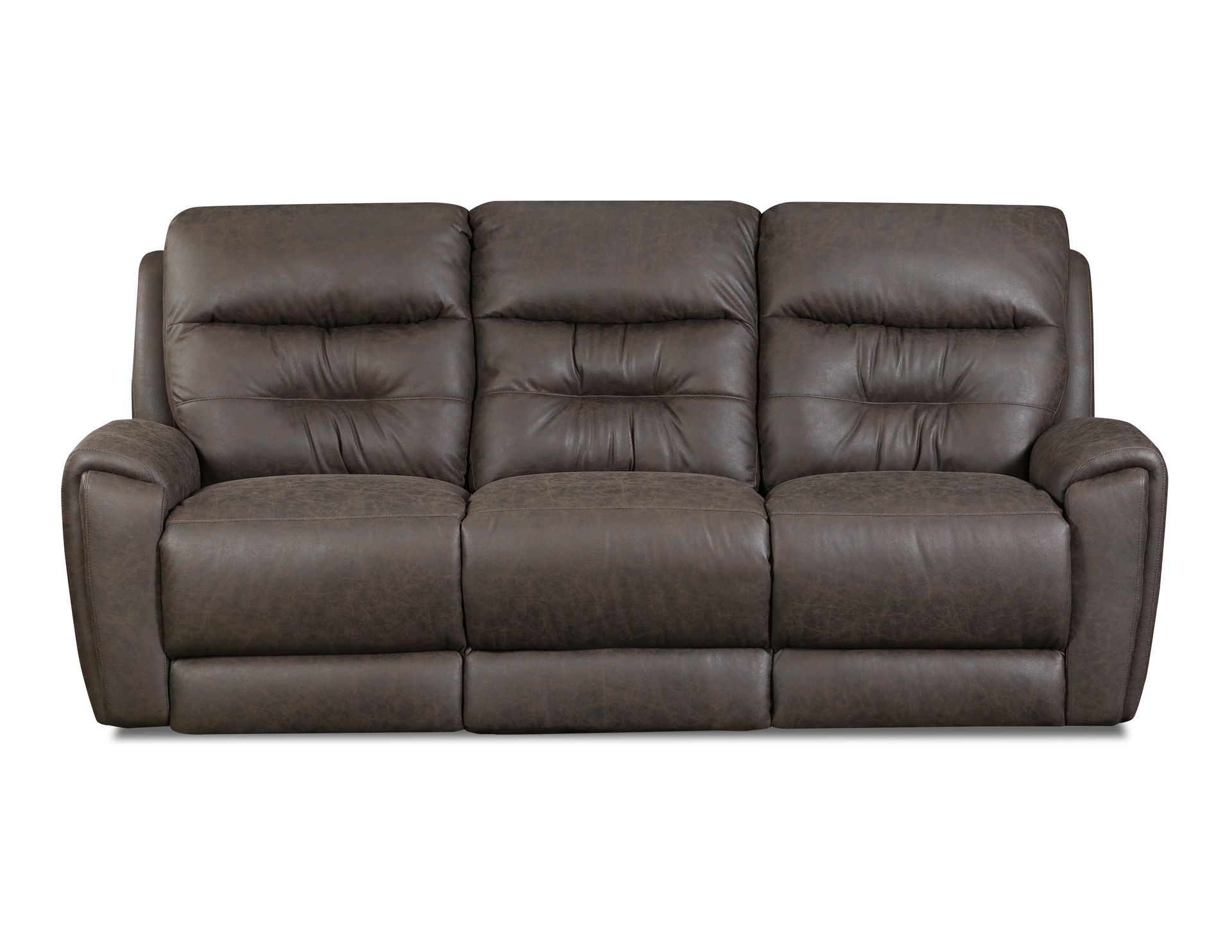 A dark brown leather, three-seat reclining sofa with tufted back cushions.