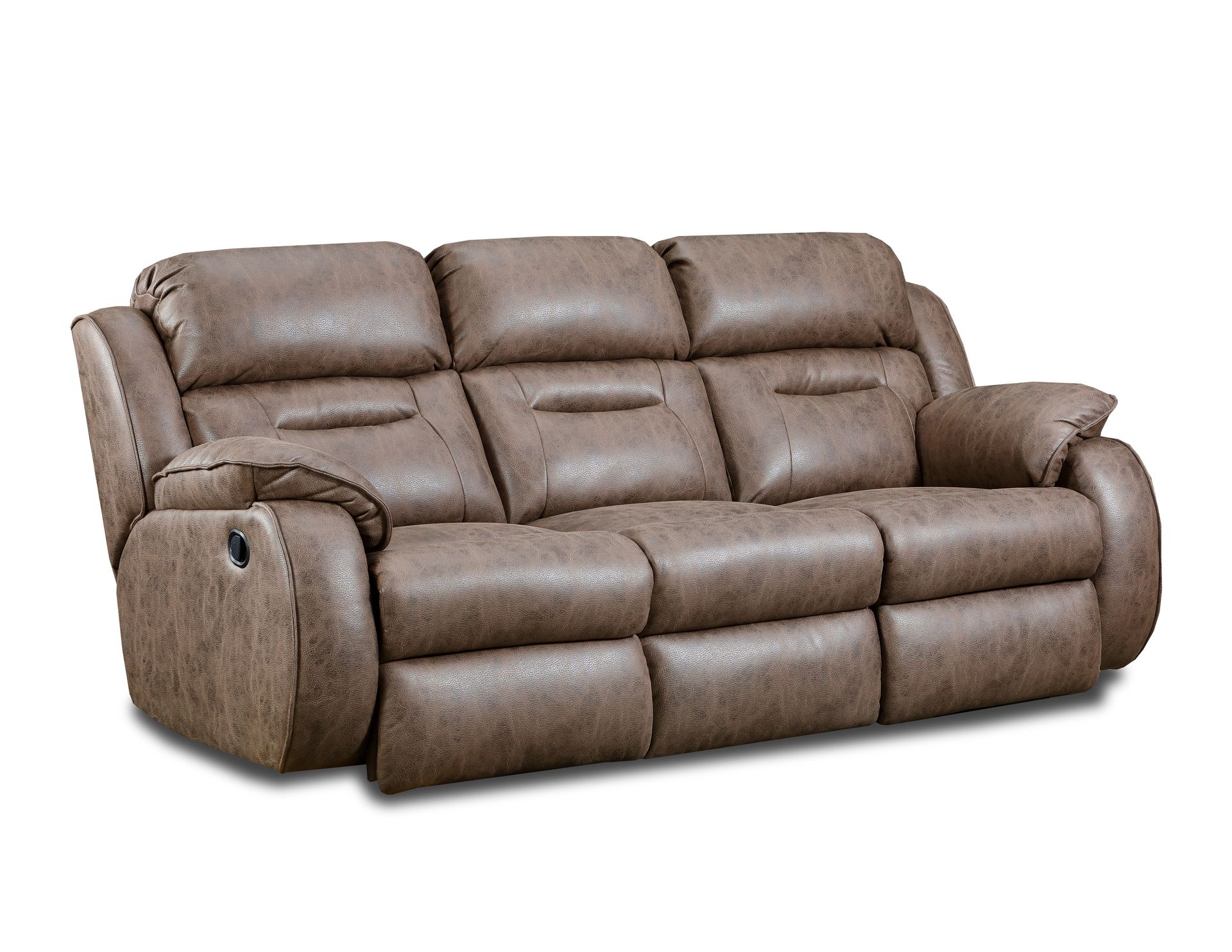 A brown, three-seat reclining sofa with padded armrests and back cushions, shown against a plain white background.