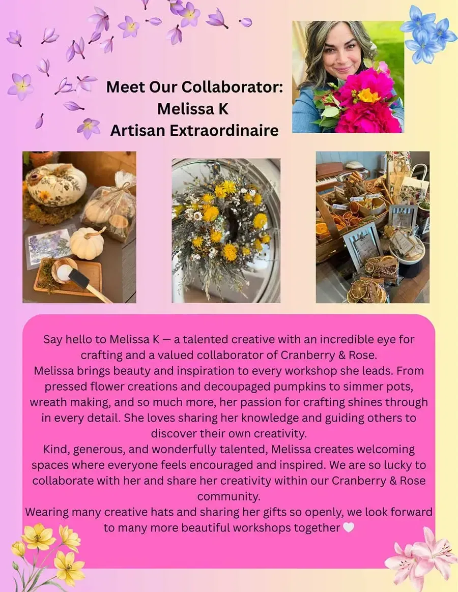 Collage poster for artisan Melissa’s flower-arranging workshop, with bouquet photos and pink floral background