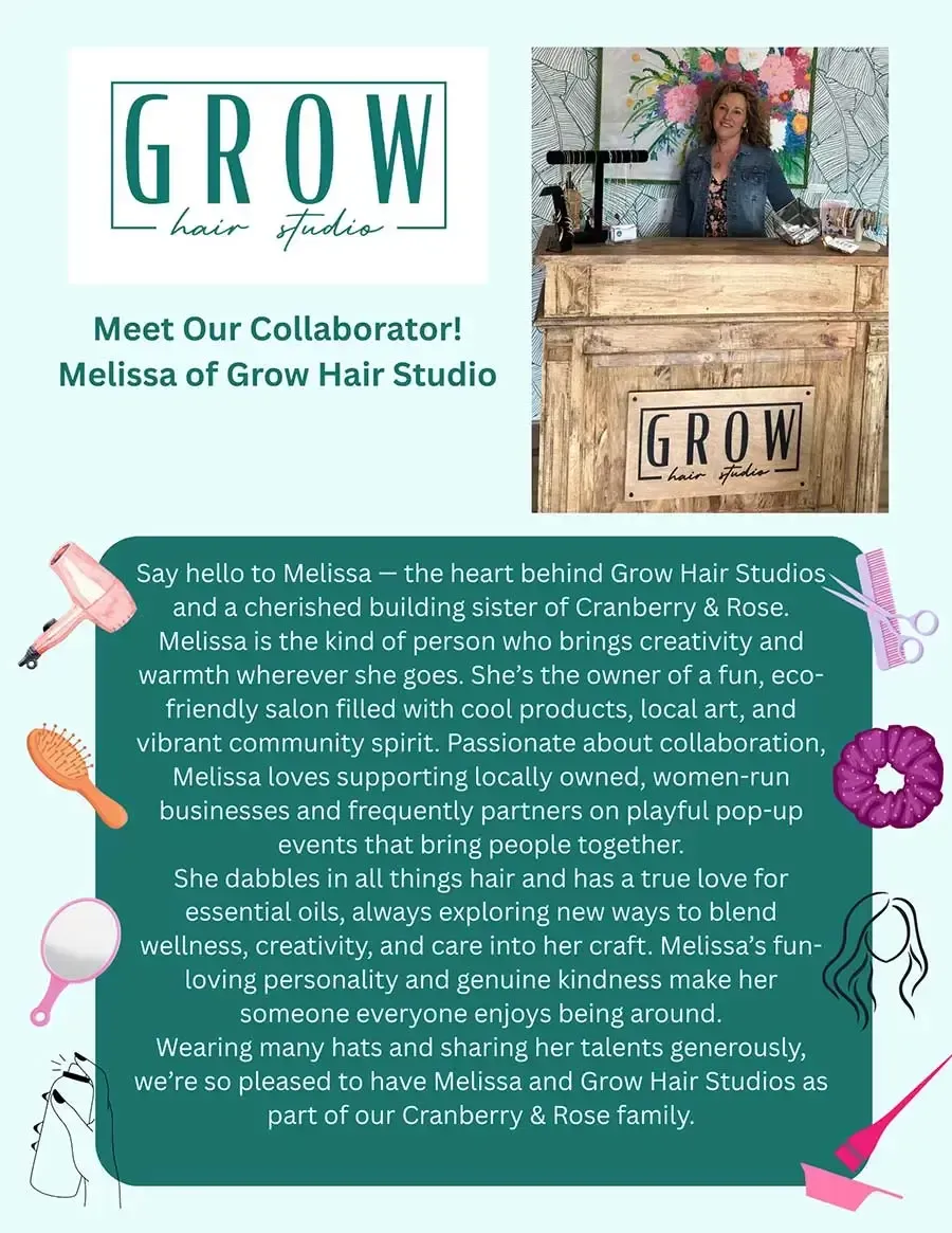 Collage for GROW Hair Studio collaborator Melissa, with logo, portrait, and teal text panel