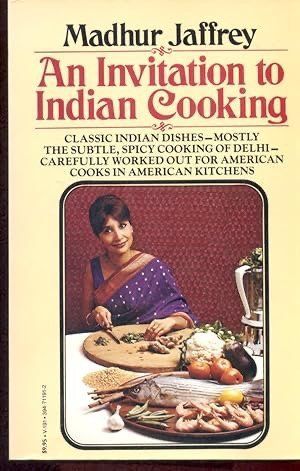 Book cover of Madhur Jaffrey’s An Invitation to Indian Cooking, featuring a woman in a sari with food on a table