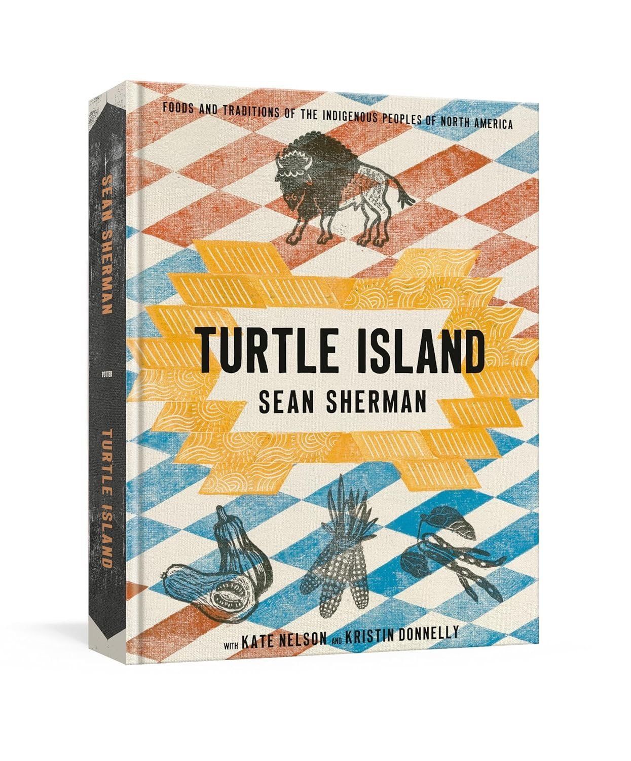 Book cover for “Turtle Island” by Sean Sherman, with a turtle over a colorful geometric pattern.