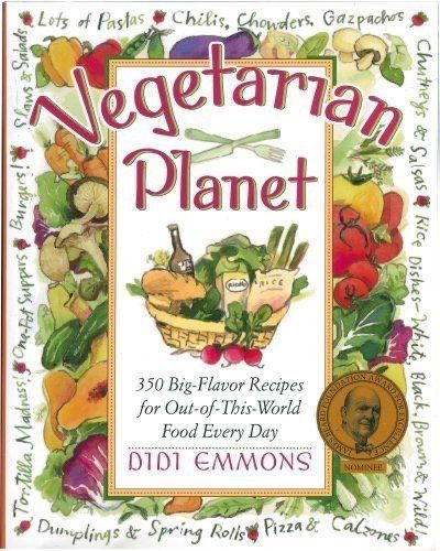Cover of Vegetarian Planet cookbook with colorful vegetables and title text by Didi Emmons