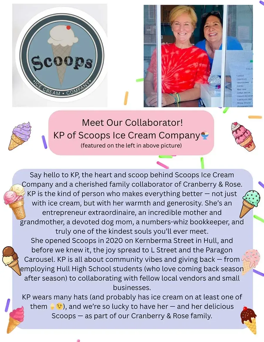 Scoopz ice cream logo and a promo poster for a collaborator with ice cream cone graphics.