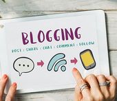 White tablet graphic with “BLOGGING” text and icons for post, share, chat, comment, and follow.