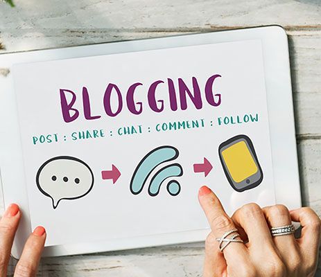 White tablet graphic with “BLOGGING” text and icons for post, share, chat, comment, and follow.