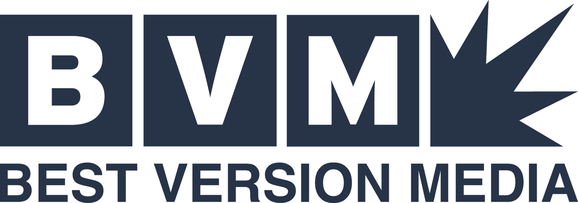 BVM Best Version Media logo in dark blue with stylized starburst icon