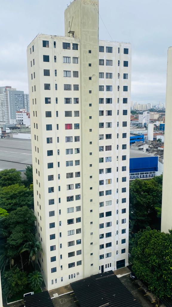 Um prédio alto com muitas janelas cercado por árvores.