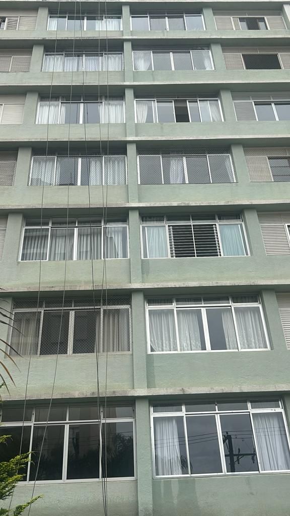 Um prédio alto com muitas janelas e uma árvore na frente.