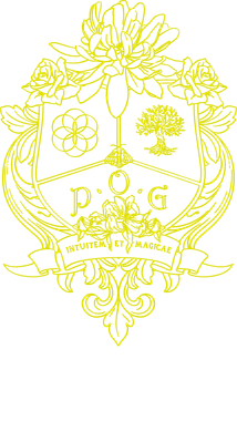 Yellow crest with floral and geometric elements, letters 
