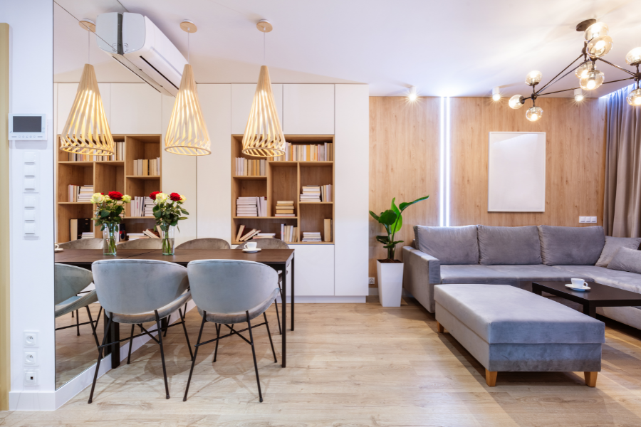 open kitchen and family room with vinyl flooring