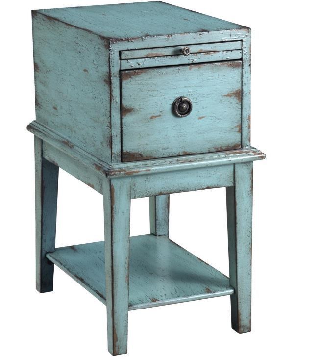 Blue wooden bedside table with drawer and shelf, distressed finish.