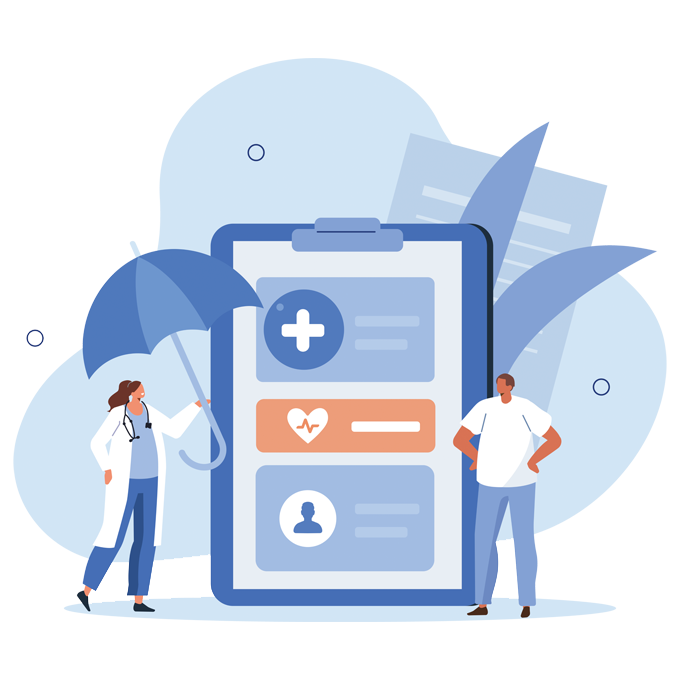 an illustration of a doctor holding an umbrella next to a clipboard
