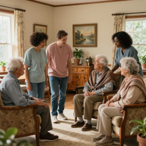 Small group meeting in a cozy living room, with people seated and standing in conversation.